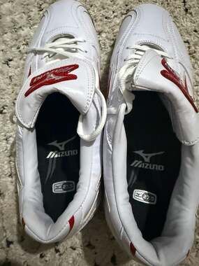 Mizuno 9-Spike Advanced Baseball Cleats White and Red Size 10 US